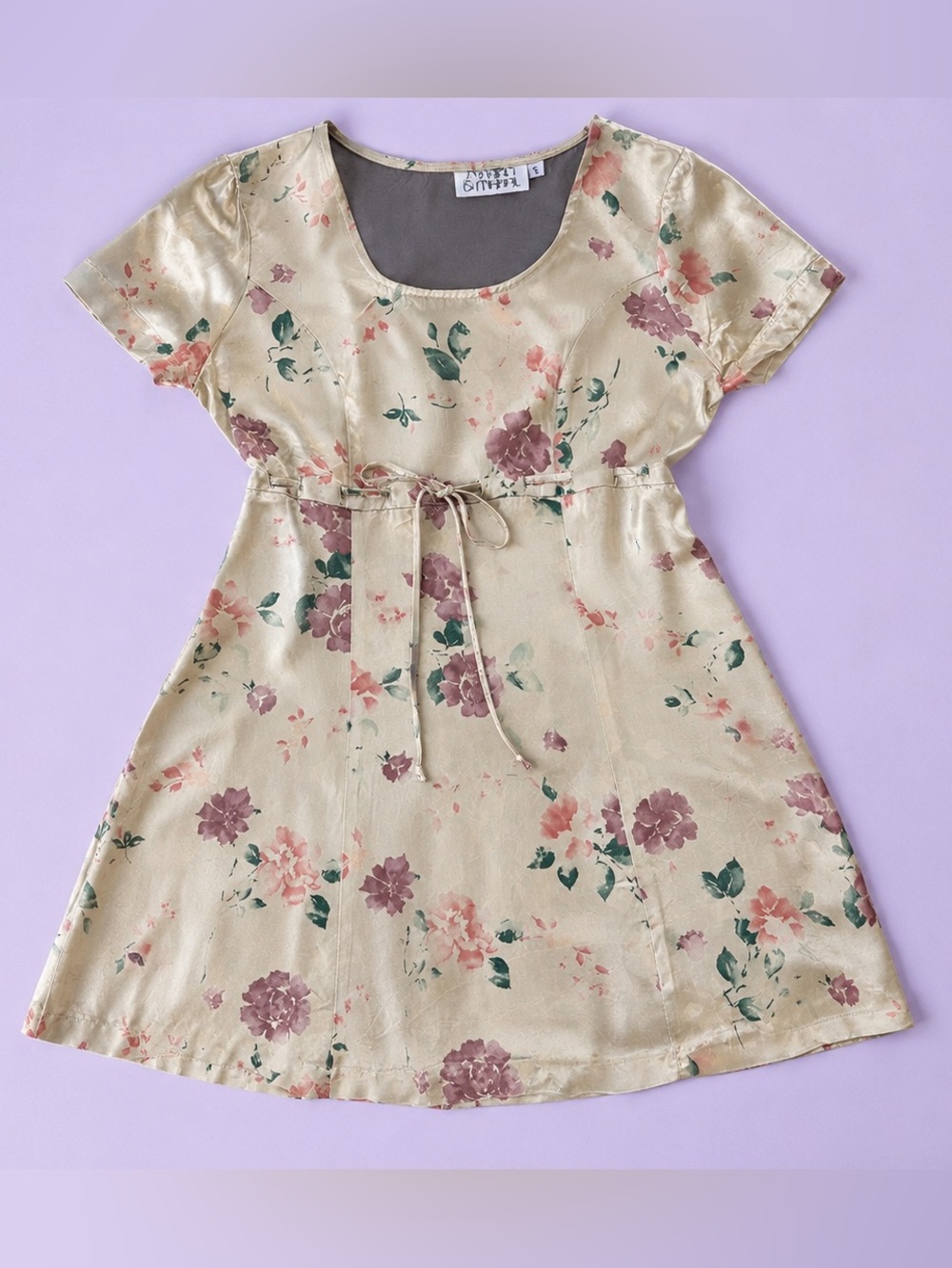 Marian & Maral Floral Satin Mini Dress Size S Tie Waist Cottagecore Coquette Y2K